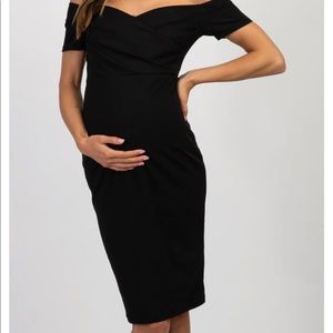 PinkBlush Black Solid Off Shoulder Maternity Fitted Dress